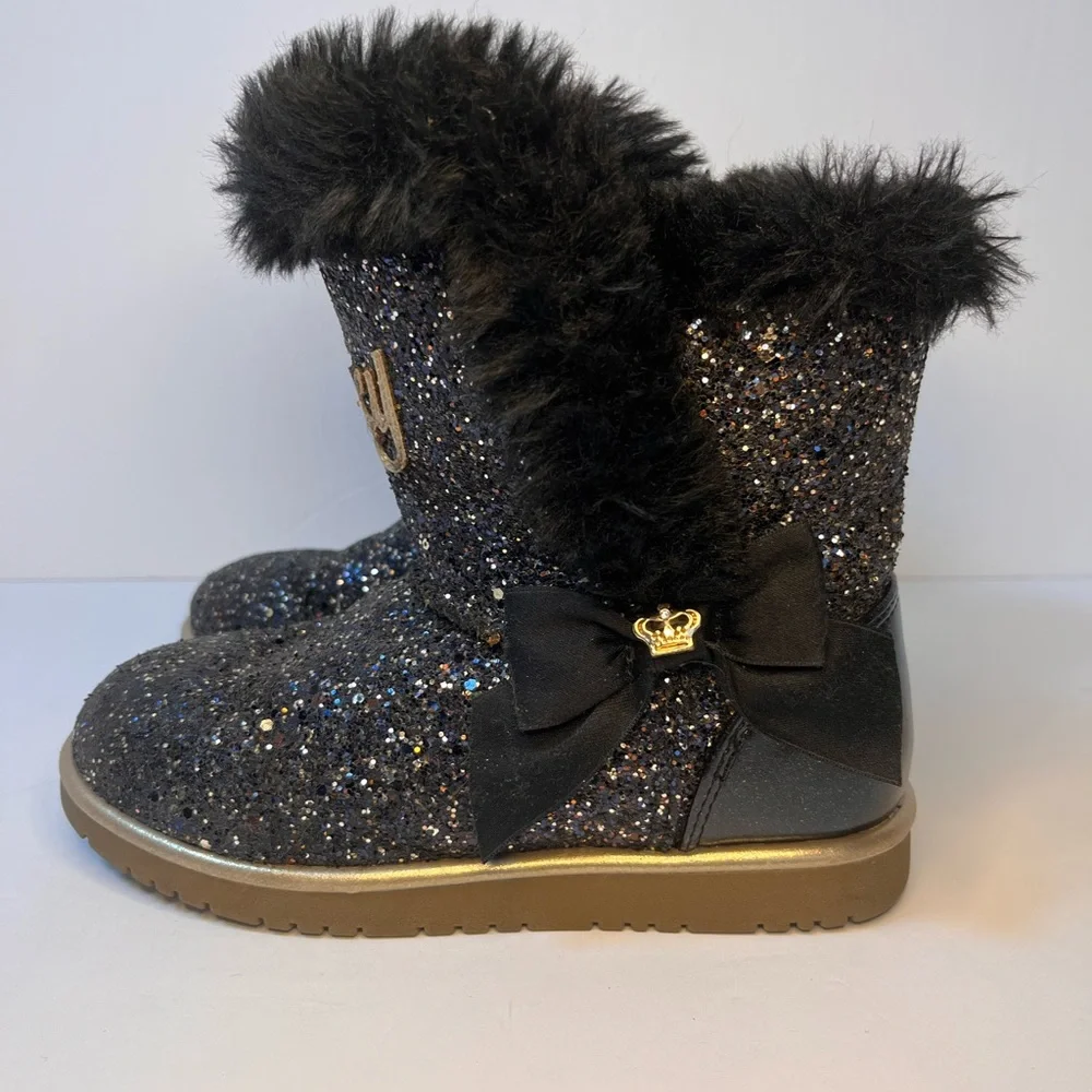 Juicy Couture Girls M1 Black Sparkle Faux Fur-Trim Glitter Windsor Toddler Boots